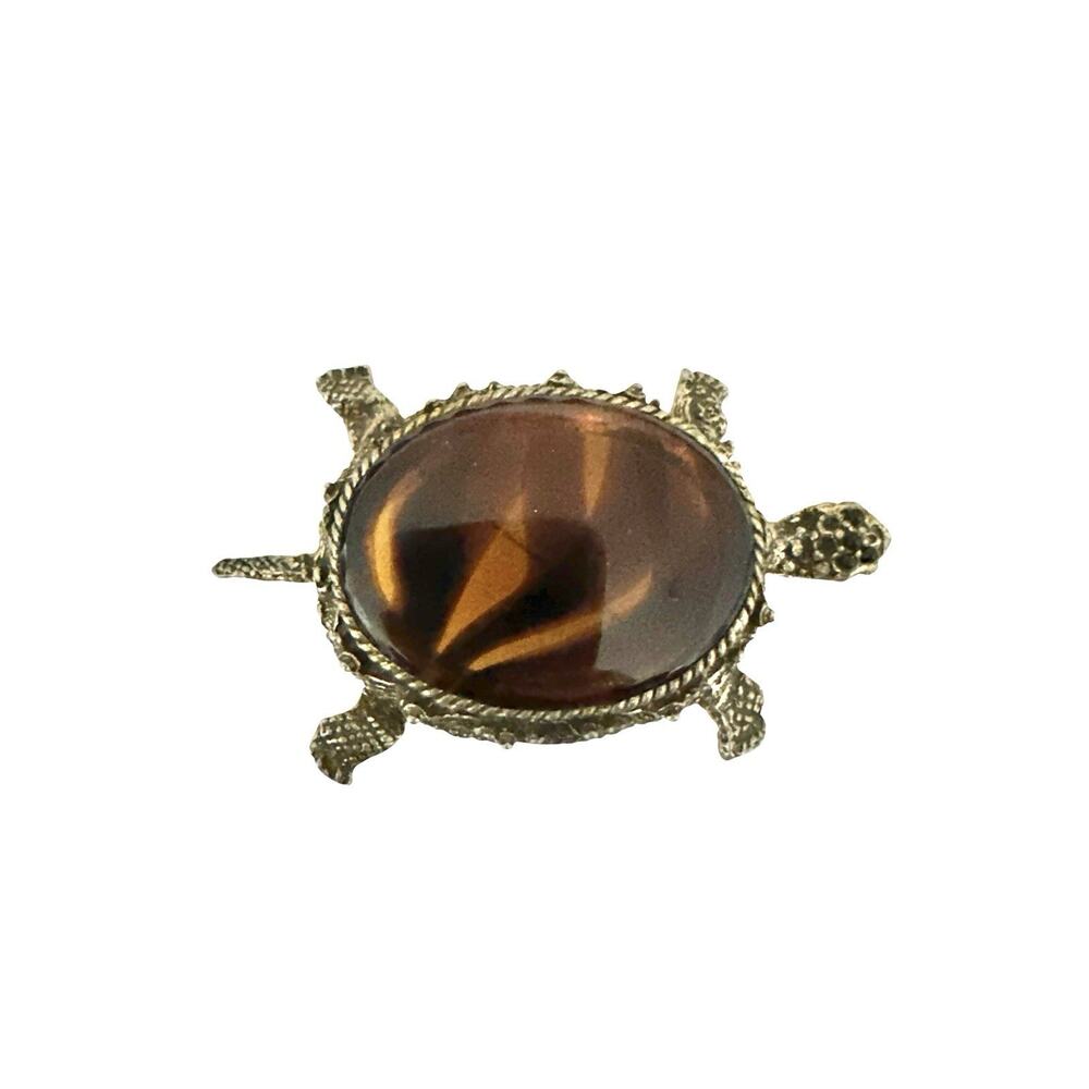 Vintage Silver Tone Metal Tortoise Shell Color Jelly Belly Turtle Brooch Pin 3”